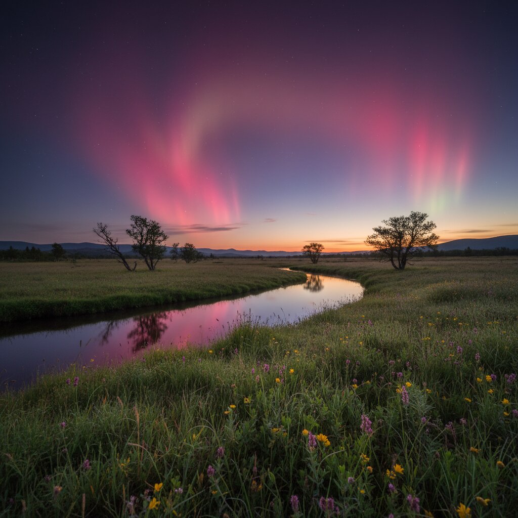 A magenta aurora arcing over a meadow and a winding stream at dusk
